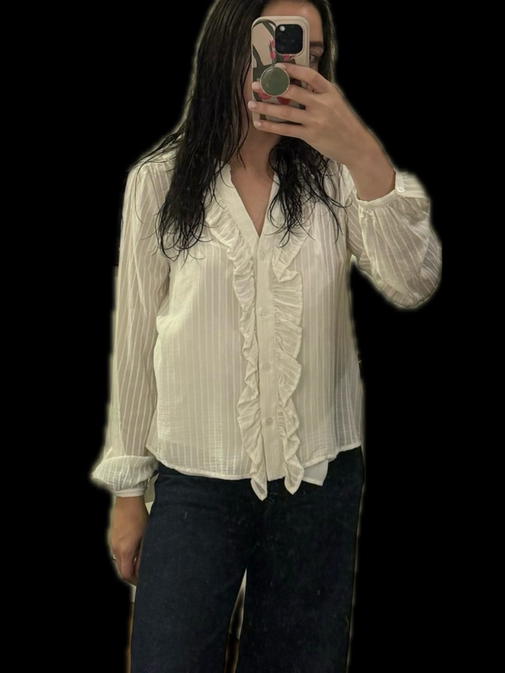 Halogen White Ruffle-Front Semi-Sheer Blouse